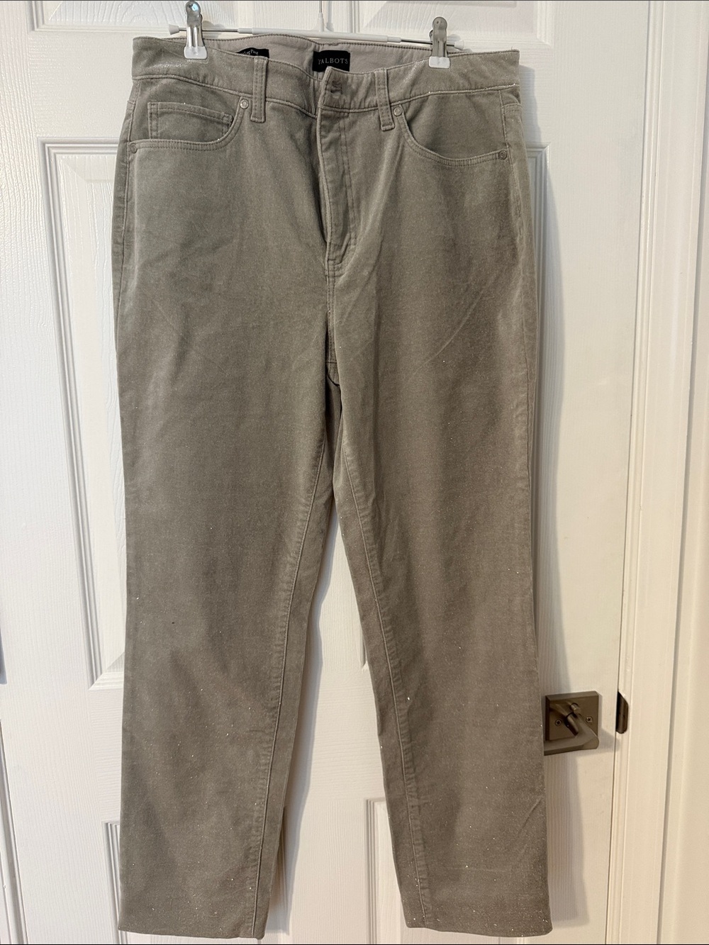 Talbot’s women’s grey shimmer straight leg corduroy pants sz 10 metallic stretch